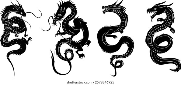 chinese dragon set black silhouette vector