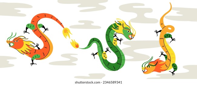 Chinese dragon set. Modern colorful traditional New Year zodiac animal, clouds background, 2024 Horoscope. Asian lunar calendar trendy symbol. Green and red reptile. Vector contemporary illustration