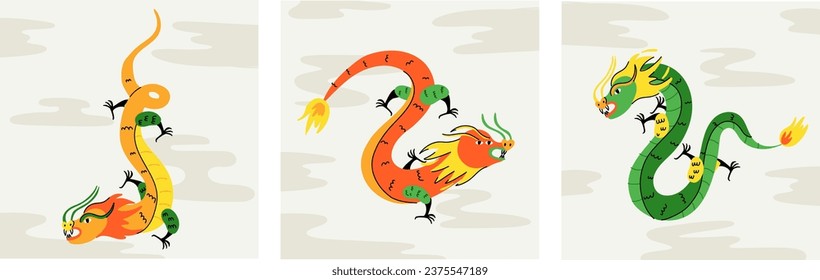 Chinese dragon set. Modern colorful traditional New Year zodiac animal, clouds background, 2024 Horoscope. Asian lunar calendar trendy symbol, green and red reptile, vector contemporary illustration