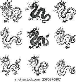 Chinese Dragon Set Silhouette, Chinese Dragon Collection Vector Illustration