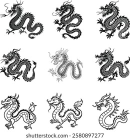 Chinese Dragon Set Silhouette, Chinese Dragon Collection Vector Illustration