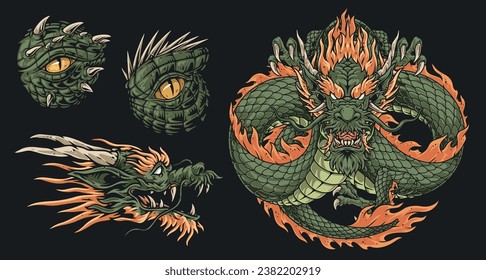 Chinese dragon set stickers colorful with long evil snake with green scales and fiery hair symbolizing triads vector illustration