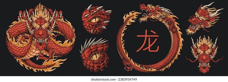 Chinese dragon set stickers colorful with red snake in different positions and eyes or face eastern predator vector illustration