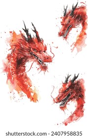 chinese dragon set with watercolor brush paint isolated on white background. chinese new year,loong,Watercolor. Illustration