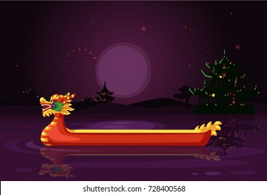 Chinese dragon ship night wallpaper vector illustration