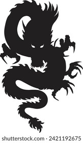 Chinese Dragon Silhouette. Black Oriental Animal, Isolated On White Background