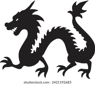 Chinese Dragon Silhouette. Black Oriental Animal, Isolated On White Background
