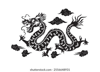 Chinese dragon silhouette with cloud decoration, vector