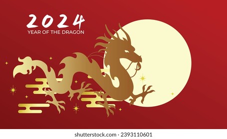 Chinese dragon silhouette with clouds on moon sky. Lunar new year 2024 celebration.