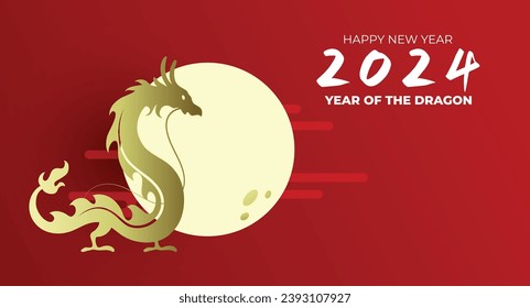 Chinese dragon silhouette for new year 2024. Golden asian dragon shape on a red background with oriental clouds and full moon.