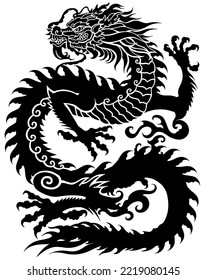 Chinese dragon silhouette. Traditional mythological creature of East Asia. Celestial feng shui animal. Side view. Graphic style vector illustration