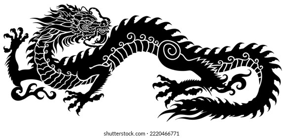 Chinesische Drachensilhouette. Traditionelles mythologisches Wesen Ostasiens. Tattoo.Celestial Feng Shui Tier. Seitenansicht. Vektorgrafik im Grafikstil