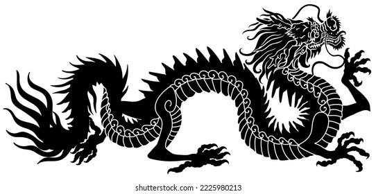 Chinese dragon silhouette. Traditional mythological creature of East Asia. Tattoo.Celestial feng shui animal. Side view. Graphic style vector illustration