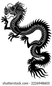 Chinese dragon silhouette. Traditional mythological creature of East Asia. Tattoo.Celestial feng shui animal. Side view. Graphic style vector illustration