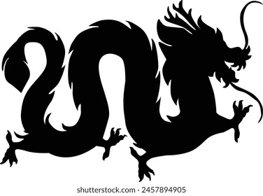 Chinese Dragon Silhouette, Chinese Zodiac, Horoscope Symbol on White Background. Isolated Black Silhouette