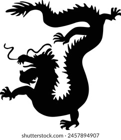Chinese Dragon Silhouette, Chinese Zodiac, Horoscope Symbol on White Background. Isolated Black Silhouette