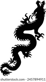 Chinese Dragon Silhouette, Chinese Zodiac, Horoscope Symbol on White Background. Isolated Black Silhouette