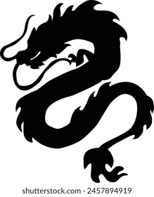 Chinese Dragon Silhouette, Chinese Zodiac, Horoscope Symbol on White Background. Isolated Black Silhouette