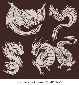Chinese dragon silhouettes mythology tattoo seamless pattern. Monster magic icon. asian animal art vector illustration.