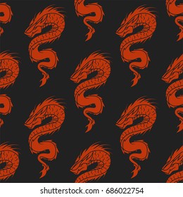 Chinese dragon silhouettes tattoo mythology seamless pattern tail monster magic icon asian animal art vector illustration.