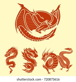 Chinese dragon silhouettes tattoo mythology tail monster magic icon asian animal art vector illustration.