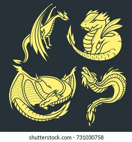 Chinese dragon silhouettes tattoo mythology tail monster magic icon asian animal art vector illustration.