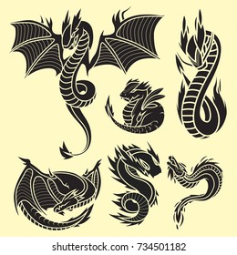 Chinese dragon silhouettes tattoo mythology tail monster magic icon asian animal art vector illustration.