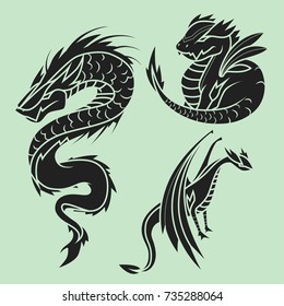 Chinese dragon silhouettes tattoo mythology tail monster magic icon asian animal art vector illustration.