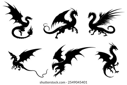 Chinese dragon silhouettes vector on white background.