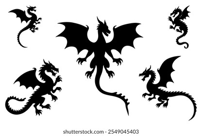 Chinese dragon silhouettes vector on white background.