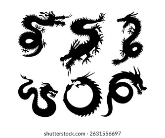 Chinese dragon silhouettes. Dragon vector set.