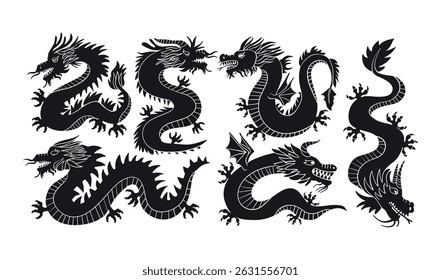 Chinese dragon silhouettes. Dragon vector set.