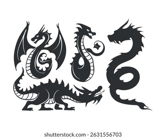 Chinese dragon silhouettes. Dragon vector set.