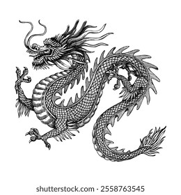 Chinese dragon sketch. Hand-drawn vector illustration. Traditional China mythical animal drawing. NOT AI generated