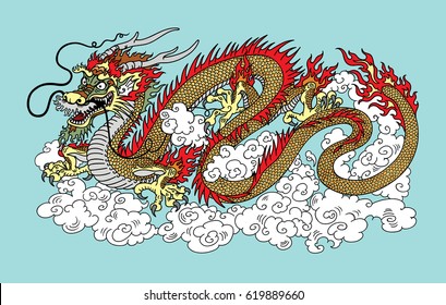 Chinese dragon in the sky surrounded by clouds. Vector illustration on blue background