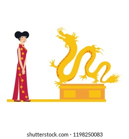 chinese dragon statue in gold with geisha