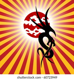 Chinese dragon and sun on a red background