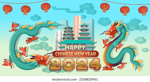 Chinesischer Drache, Symbol von 2024. Zodiaksymbol, Kalender 2024
Fliegende Drachen, handgezeichneter Cartoon-Stil. Chinesische Postkarte mit Drachen und chinesischen Tempeln, Pagoden und mehrstöckigen Gebäuden.