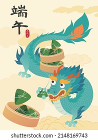 A chinese dragon take the Zongzi  (rice dumpling) in food steamer. Yellow could in the background. Duanwu festival vector illustration.Chinese translation: :Dragon Boat Festival, May 5.