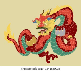 Chinese Dragon for tattoo design on isolated white background.Lion head with Dragon ball vector.idea for tattoo.Symbol of Japanese culture for painting on jacket or t-shirt.Colorful line art.