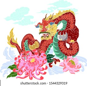 Chinese Dragon for tattoo design on isolated white background.Lion head with Dragon ball vector.idea for tattoo. Symbol of Japanese culture for painting on jacket or t-shirt.Beautiful line art.