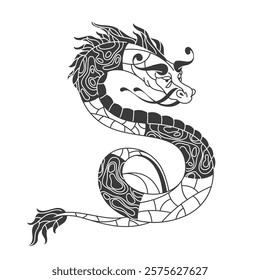 Chinese dragon tattoo or folklore China snake. Vector pencil drawing of traditional Asian mascot, mythical creature. Folklore and mythology serpent, Ink eastern symbol, Asia design. Intricate ornament