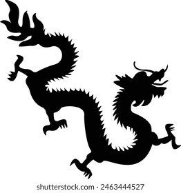 Chinese Dragon Tattoo Silhouette on White Background. Isolated Black Silhouette.