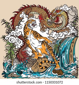 Chinese dragon and tiger in the landscape with waterfall , rocks ,plants and clouds . Two spiritual creatures in the Buddhism representing the spirit heaven and matter earth. Vector illustration