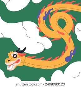 Chinese dragon. Traditional Asian symbol with long tail. Festive mythology lizard flying. China folklore. Oriental eastern ancient animal, fiction magic legend monster. Flat vector illustration