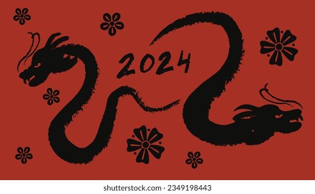 Chinese dragon. Traditional New Year zodiac animal, black silhouette on red background background, 2024 Horoscope. Asian lunar calendar trendy symbol. Vector reptile illustration