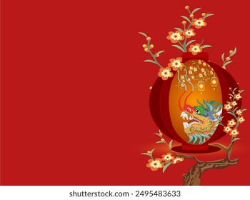 Chinese dragon vector illustration in lantern and plum blossom on red background for happy lunar new year,chinese year of the dragon banner or greetings card.