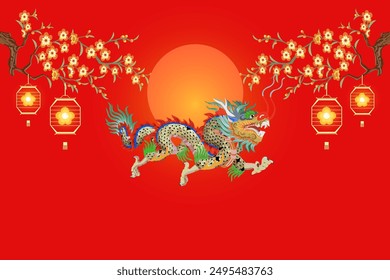 Ilustración vectorial de dragón chino, rama de ciruela en flor y linterna sobre fondo rojo para feliz año nuevo lunar, año chino del Anuncio del dragón o tarjeta de felicitaciones y papel.