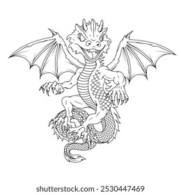 Chinese dragon. Vector illustration sketch of a traditional Chinese mythical animal. Cute little dragon