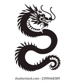 Chinese dragon vector isolated side view silhouette. Flying dragon. Calendar symbol of the new year. Dragon full snake body. Fantasy mythical oriental talisman. Black tattoo.